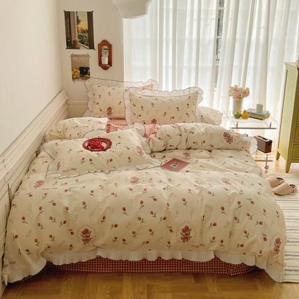91家纺网 家纺一手货源 找家纺 桃子家居 2023新款法式复古花卉花边纯棉系列四件套  花边-法蕴