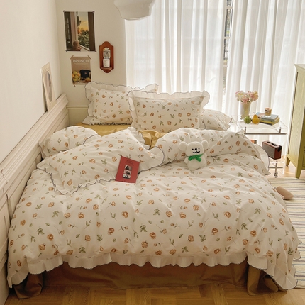 91家纺网 家纺一手货源 找家纺 桃子家居 2023新款法式复古花卉花边纯棉系列四件套  花边-金丝玫瑰