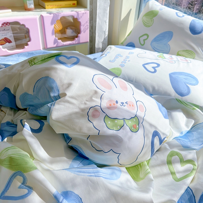 91家纺网 家纺一手货源 找家纺 琪格格2023新款全棉40支13372小清新四件套系列 爱心兔