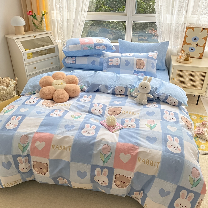 91家纺网 家纺一手货源 找家纺 琪格格2023新款全棉40支13372小清新四件套系列 白兔与熊