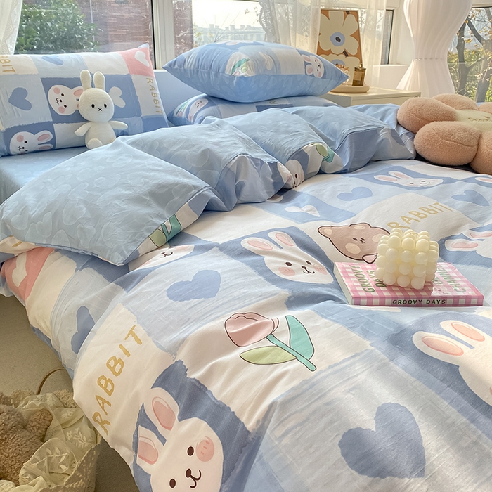 91家纺网 家纺一手货源 找家纺 琪格格2023新款全棉40支13372小清新四件套系列 白兔与熊