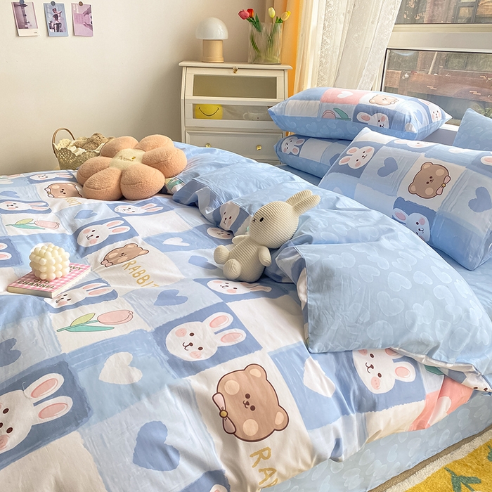 91家纺网 家纺一手货源 找家纺 琪格格2023新款全棉40支13372小清新四件套系列 白兔与熊