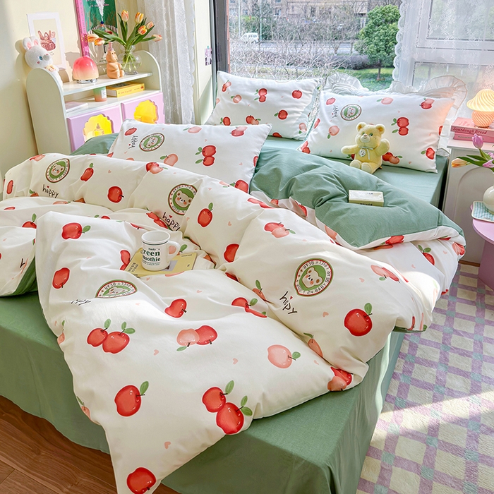 91家纺网 家纺一手货源 找家纺 琪格格2023新款全棉40支13372小清新四件套系列 红苹果