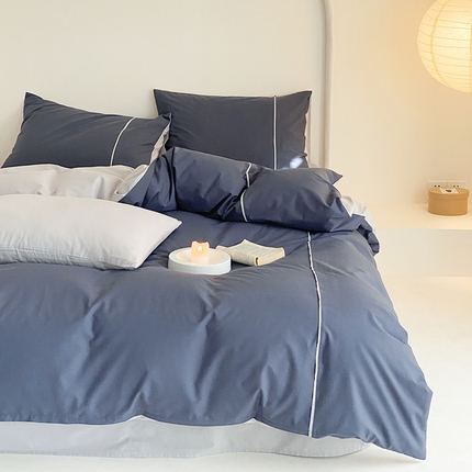 纯棉水洗棉四件套纯色简约全棉被套工艺款床单床笠学生直播爆款 嵌线-蓝莓
