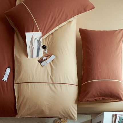 纯棉水洗棉四件套纯色简约全棉被套工艺款床单床笠学生直播爆款 嵌线-栗子