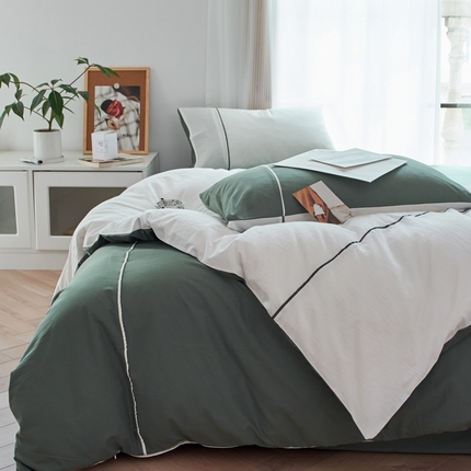 纯棉水洗棉四件套纯色简约全棉被套工艺款床单床笠学生直播爆款 嵌线-绿柠