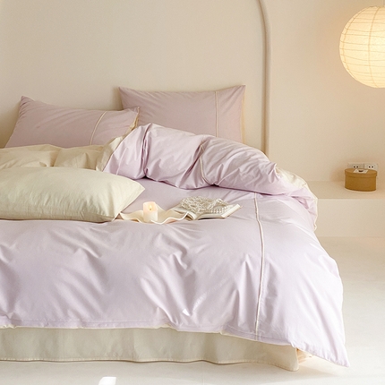纯棉水洗棉四件套纯色简约全棉被套工艺款床单床笠学生直播爆款 嵌线-蜜粉