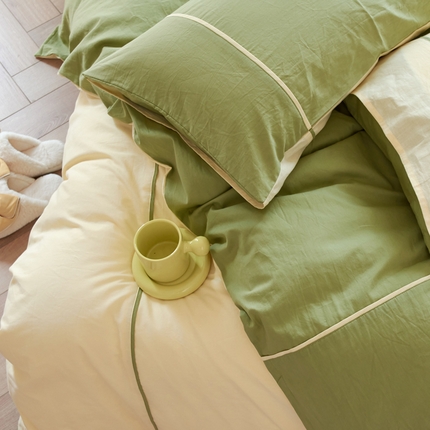 纯棉水洗棉四件套纯色简约全棉被套工艺款床单床笠学生直播爆款 嵌线-葡萄
