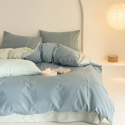 纯棉水洗棉四件套纯色简约全棉被套工艺款床单床笠学生直播爆款 嵌线-水绿