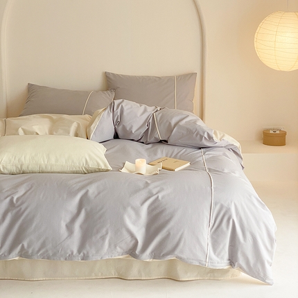 纯棉水洗棉四件套纯色简约全棉被套工艺款床单床笠学生直播爆款 嵌线-银箔灰