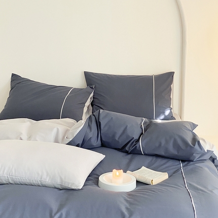 91家纺网 家纺一手货源 找家纺 纯棉水洗棉四件套纯色简约全棉被套工艺款床单床笠学生直播爆款 嵌线-蓝莓