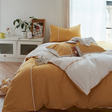 91家纺网 家纺一手货源 找家纺 纯棉水洗棉四件套纯色简约全棉被套工艺款床单床笠学生直播爆款 嵌线-蓝莓