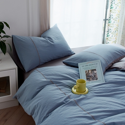91家纺网 家纺一手货源 找家纺 纯棉水洗棉四件套纯色简约全棉被套工艺款床单床笠学生直播爆款 嵌线-蓝莓