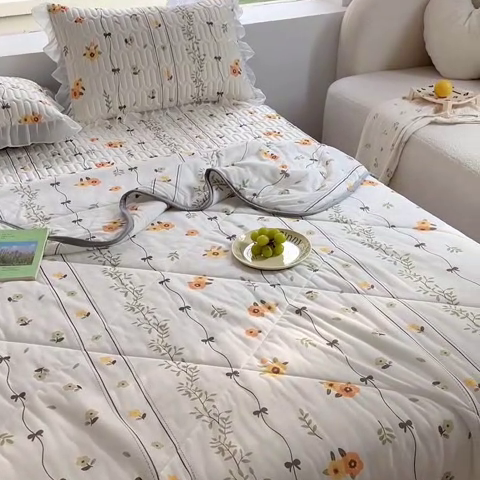 91家纺网 家纺一手货源 找家纺 柒月家居2023新款乳胶床裙款凉席和夏被 床裙款-花季