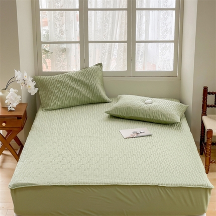 91家纺网 家纺一手货源 找家纺 三味舒屋 2024新款仙人掌绗缝床笠 抹茶绿