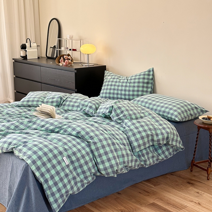 91家纺网 家纺一手货源 找家纺 洋铭区 2023新款色织水洗棉格子四件套 牛油果格