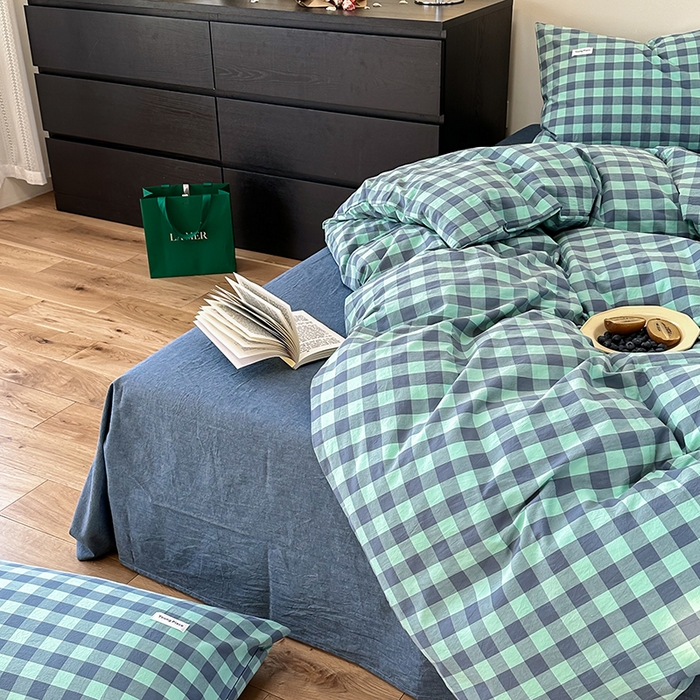 91家纺网 家纺一手货源 找家纺 洋铭区 2023新款色织水洗棉格子四件套 牛油果格