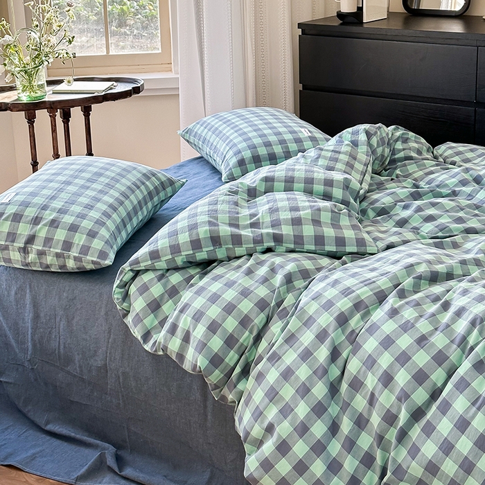 91家纺网 家纺一手货源 找家纺 洋铭区 2023新款色织水洗棉格子四件套 牛油果格