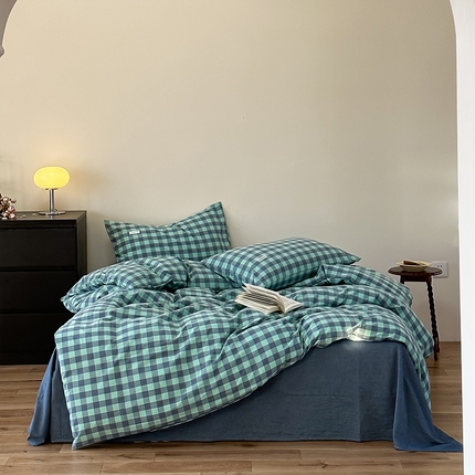 洋铭区 2023新款色织水洗棉格子四件套 牛油果格