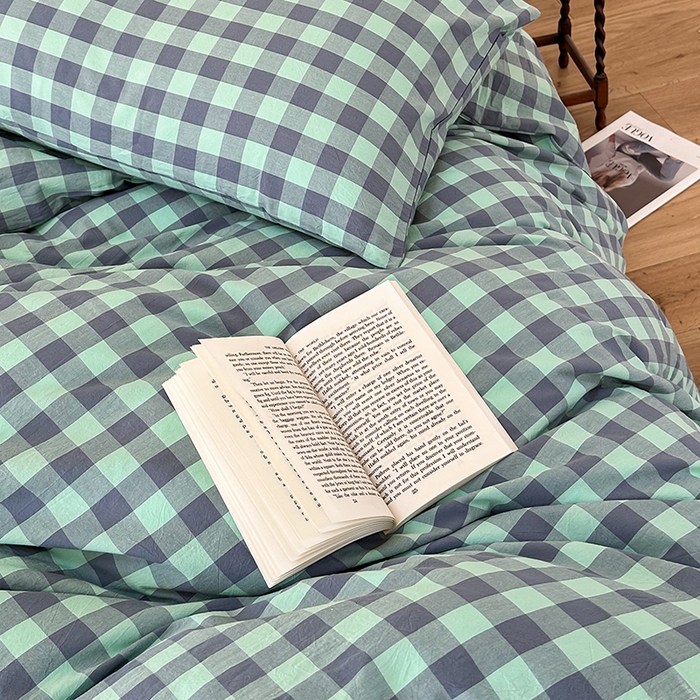 91家纺网 家纺一手货源 找家纺 洋铭区 2023新款色织水洗棉格子四件套 牛油果格