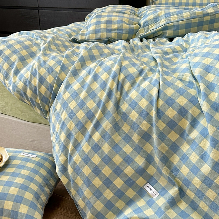 91家纺网 家纺一手货源 找家纺 洋铭区 2023新款色织水洗棉格子四件套 青桃格