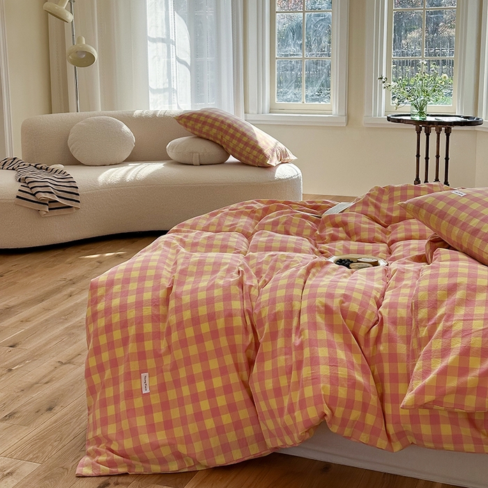 91家纺网 家纺一手货源 找家纺 洋铭区 2023新款色织水洗棉格子四件套 香橙格