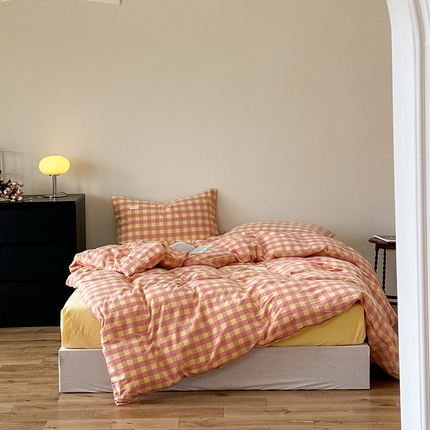 洋铭区 2023新款色织水洗棉格子四件套 香橙格