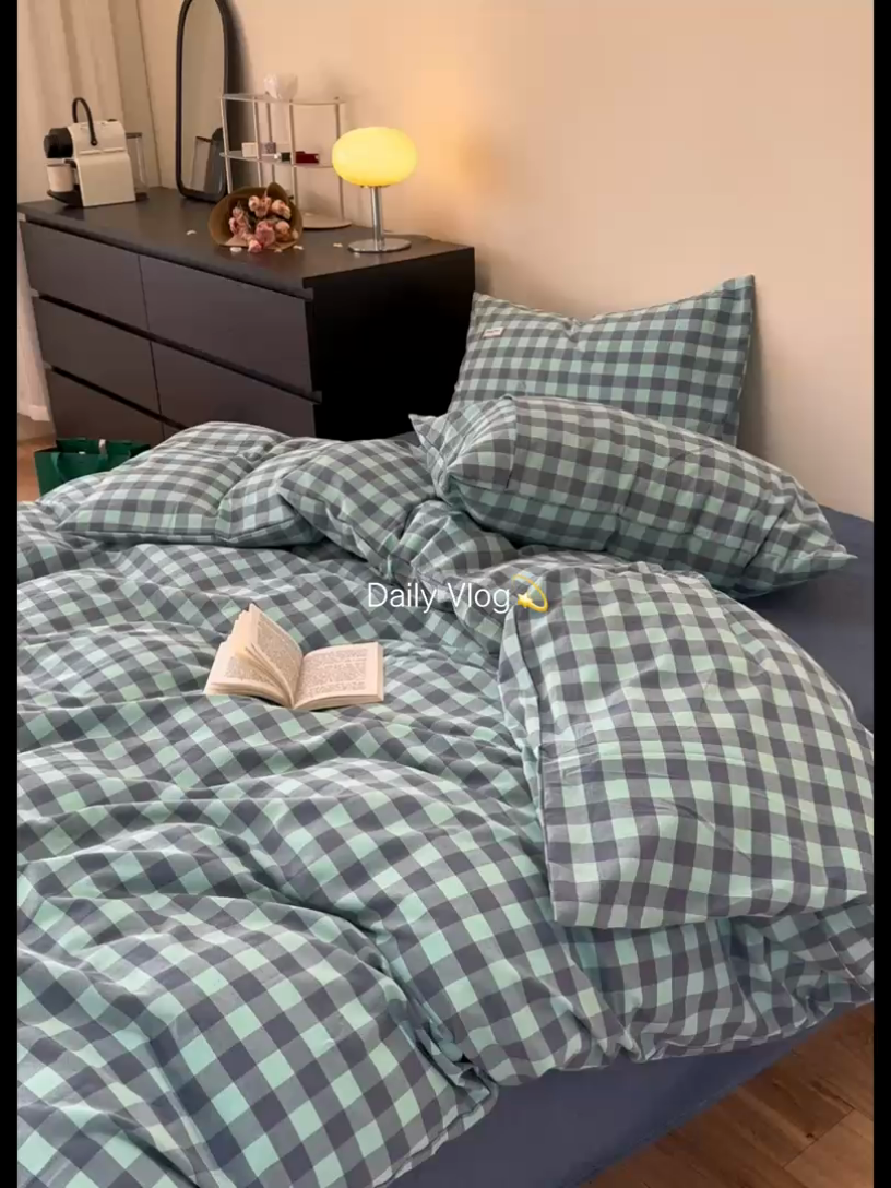 91家纺网 家纺一手货源 找家纺 洋铭区 2023新款色织水洗棉格子四件套 牛油果格