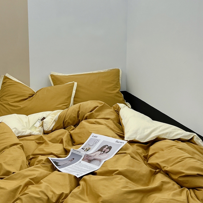 91家纺网 家纺一手货源 找家纺 安莱生活 2023新款60s长绒棉贡缎双拼小宽边四件套 淡茶双拼奶黄