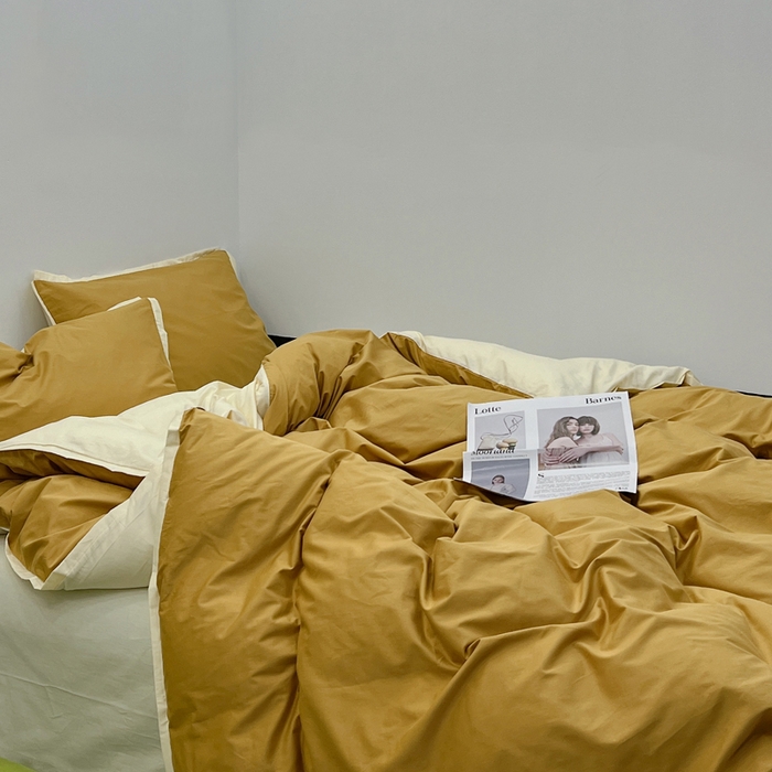 91家纺网 家纺一手货源 找家纺 安莱生活 2023新款60s长绒棉贡缎双拼小宽边四件套 淡茶双拼奶黄