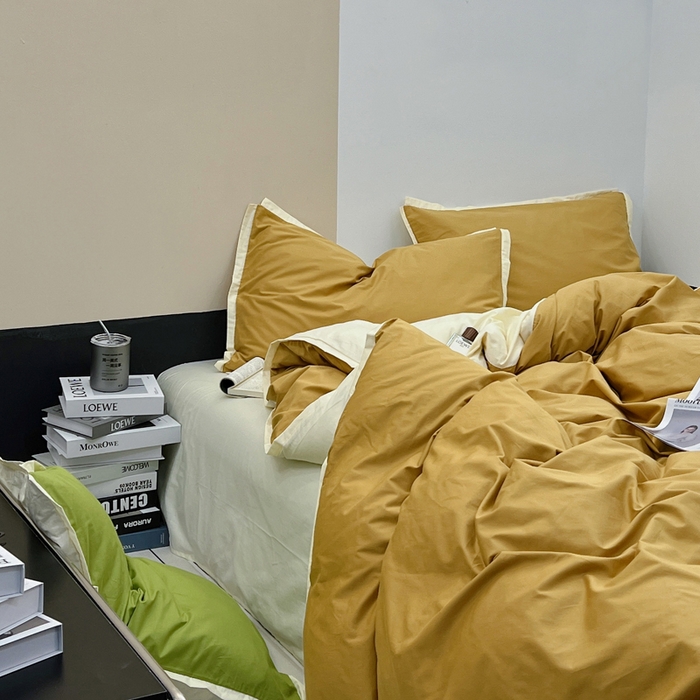 91家纺网 家纺一手货源 找家纺 安莱生活 2023新款60s长绒棉贡缎双拼小宽边四件套 淡茶双拼奶黄