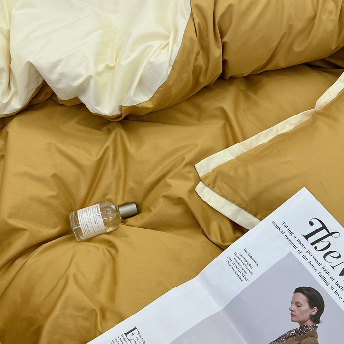 91家纺网 家纺一手货源 找家纺 安莱生活 2023新款60s长绒棉贡缎双拼小宽边四件套 淡茶双拼奶黄