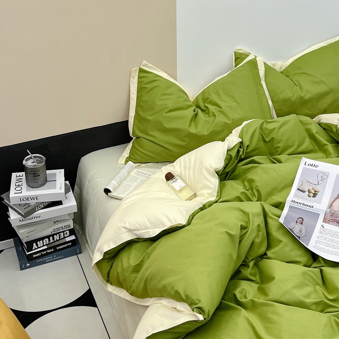 91家纺网 家纺一手货源 找家纺 安莱生活 2023新款60s长绒棉贡缎双拼小宽边四件套 果绿双拼奶黄