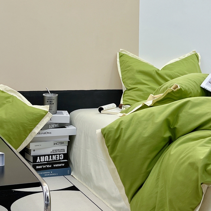 91家纺网 家纺一手货源 找家纺 安莱生活 2023新款60s长绒棉贡缎双拼小宽边四件套 果绿双拼奶黄
