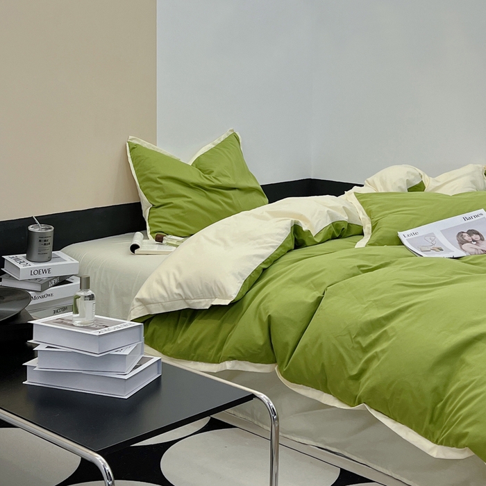 91家纺网 家纺一手货源 找家纺 安莱生活 2023新款60s长绒棉贡缎双拼小宽边四件套 果绿双拼奶黄