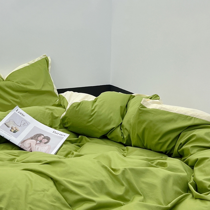 91家纺网 家纺一手货源 找家纺 安莱生活 2023新款60s长绒棉贡缎双拼小宽边四件套 果绿双拼奶黄