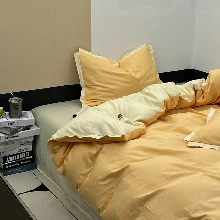 91家纺网 家纺一手货源 找家纺 安莱生活 2023新款60s长绒棉贡缎双拼小宽边四件套 奶杏双拼奶黄