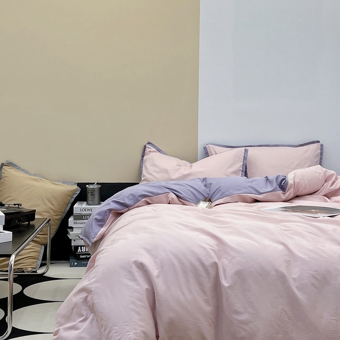 91家纺网 家纺一手货源 找家纺 安莱生活 2023新款60s长绒棉贡缎双拼小宽边四件套 嫩粉双拼淡紫