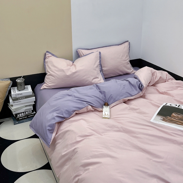 91家纺网 家纺一手货源 找家纺 安莱生活 2023新款60s长绒棉贡缎双拼小宽边四件套 嫩粉双拼淡紫