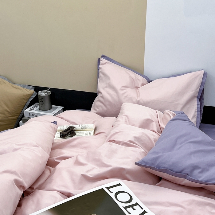 91家纺网 家纺一手货源 找家纺 安莱生活 2023新款60s长绒棉贡缎双拼小宽边四件套 嫩粉双拼淡紫