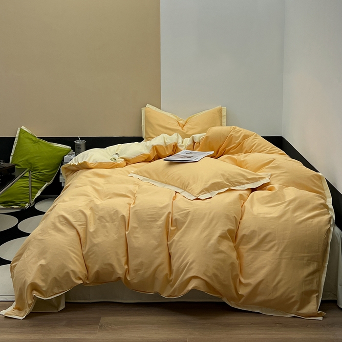 91家纺网 家纺一手货源 找家纺 安莱生活 2023新款60s长绒棉贡缎双拼小宽边四件套 奶杏双拼奶黄