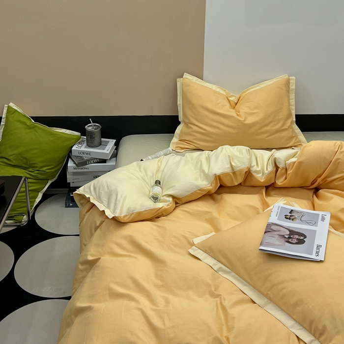 91家纺网 家纺一手货源 找家纺 安莱生活 2023新款60s长绒棉贡缎双拼小宽边四件套 奶杏双拼奶黄