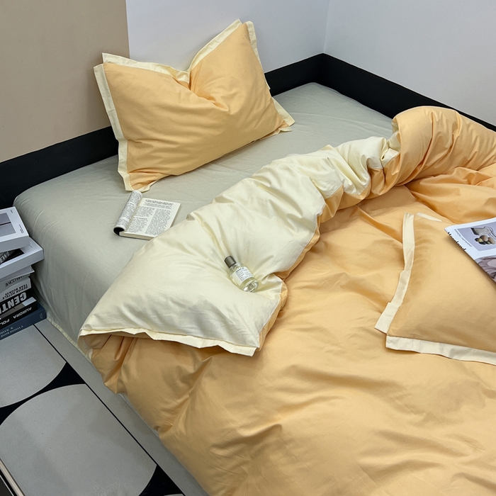 91家纺网 家纺一手货源 找家纺 安莱生活 2023新款60s长绒棉贡缎双拼小宽边四件套 奶杏双拼奶黄