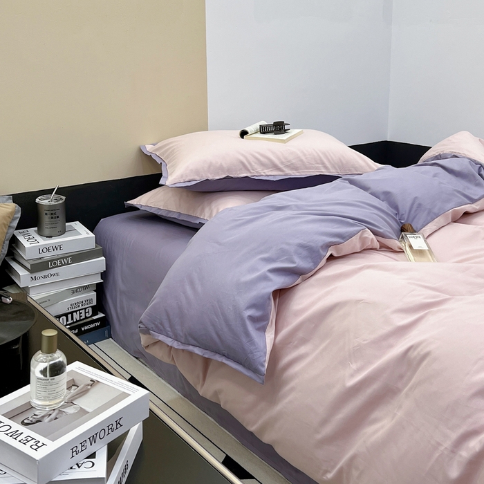 91家纺网 家纺一手货源 找家纺 安莱生活 2023新款60s长绒棉贡缎双拼小宽边四件套 嫩粉双拼淡紫