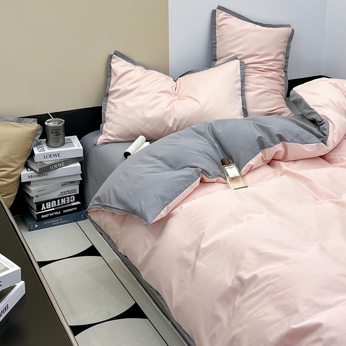 91家纺网 家纺一手货源 找家纺 安莱生活 2023新款60s长绒棉贡缎双拼小宽边四件套 嫩粉双拼浅灰