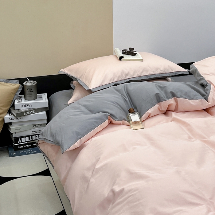 91家纺网 家纺一手货源 找家纺 安莱生活 2023新款60s长绒棉贡缎双拼小宽边四件套 嫩粉双拼浅灰