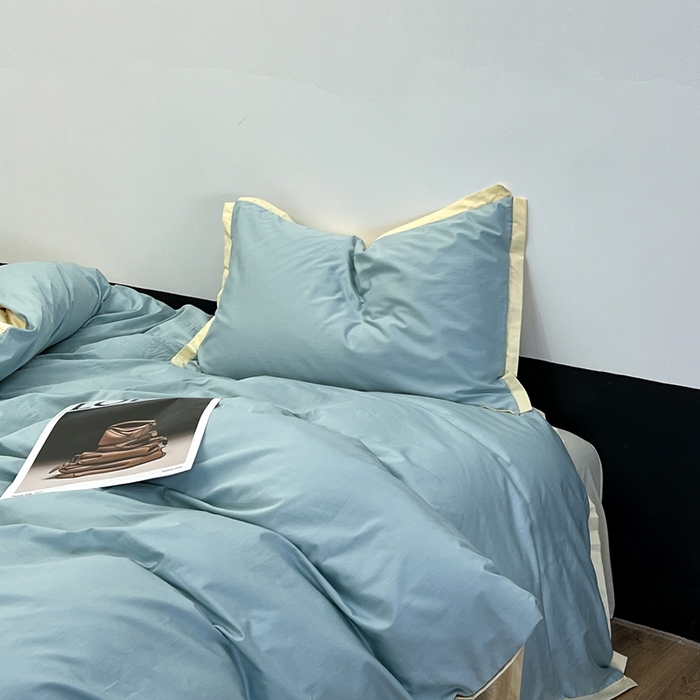 91家纺网 家纺一手货源 找家纺 安莱生活 2023新款60s长绒棉贡缎双拼小宽边四件套 青柠双拼奶黄