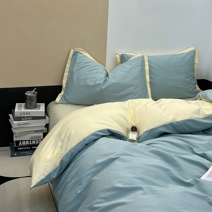 91家纺网 家纺一手货源 找家纺 安莱生活 2023新款60s长绒棉贡缎双拼小宽边四件套 青柠双拼奶黄