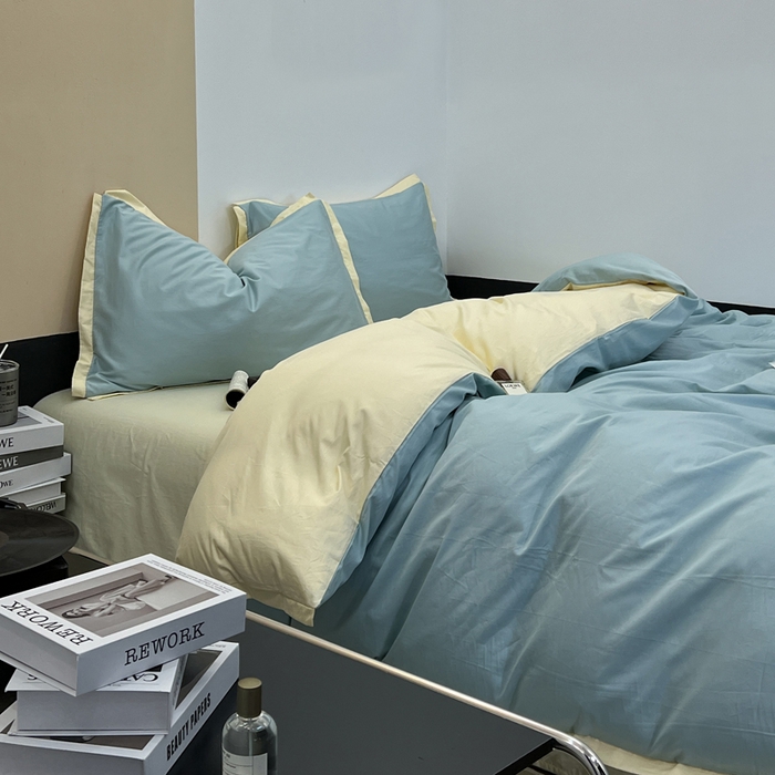 91家纺网 家纺一手货源 找家纺 安莱生活 2023新款60s长绒棉贡缎双拼小宽边四件套 青柠双拼奶黄