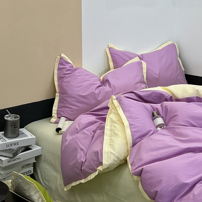 91家纺网 家纺一手货源 找家纺 安莱生活 2023新款60s长绒棉贡缎双拼小宽边四件套 紫嫣双拼奶黄